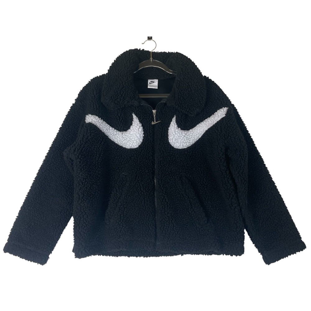 Nike Sherpa Fleece Jacket Women Small Black Big Swoosh Full Zip CU6639-010